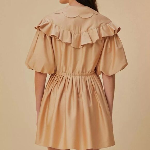 NEW FARM Rio Beige Short Sleeve Mini Dress Ruffle Peter Pan Puffed Size S or M - Picture 4 of 16